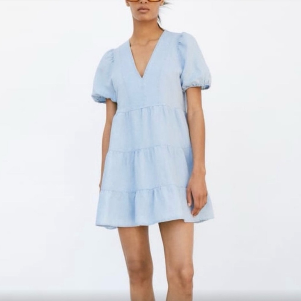 Zara Blue Linen Blend Womens Puff Sleeve Mini Sundress Costal Cowgirl Boho